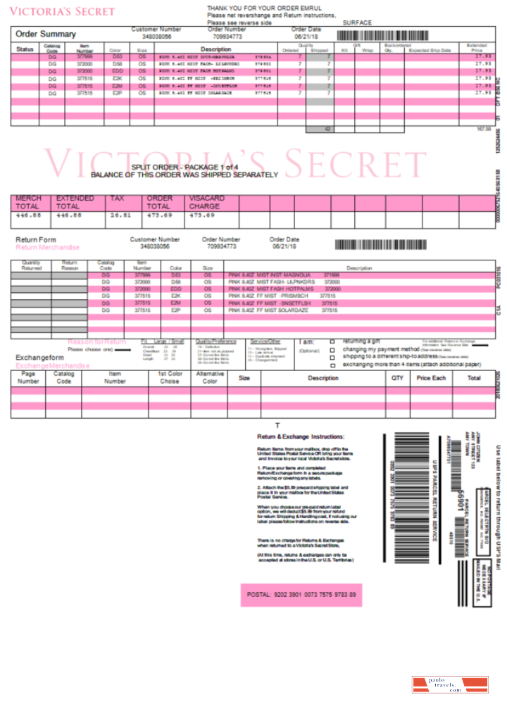 USA Victoria Secret invoice PSD template